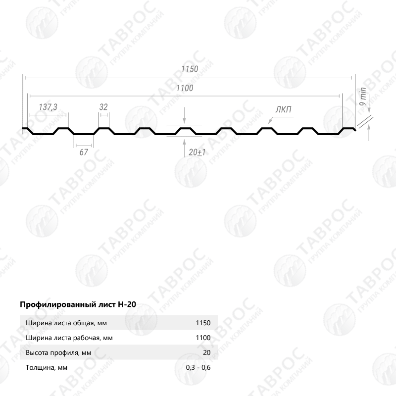 Профнастил Н-20 Zn 1800*1150*0,55 односторонний